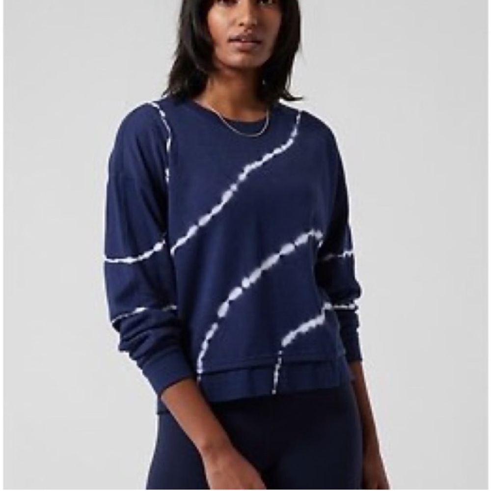 ATHLETA SUNDOWN II CROPPED CREWNECK PULLOVER. NAVY & WHITE. NWOT. SHE ZE SMALL